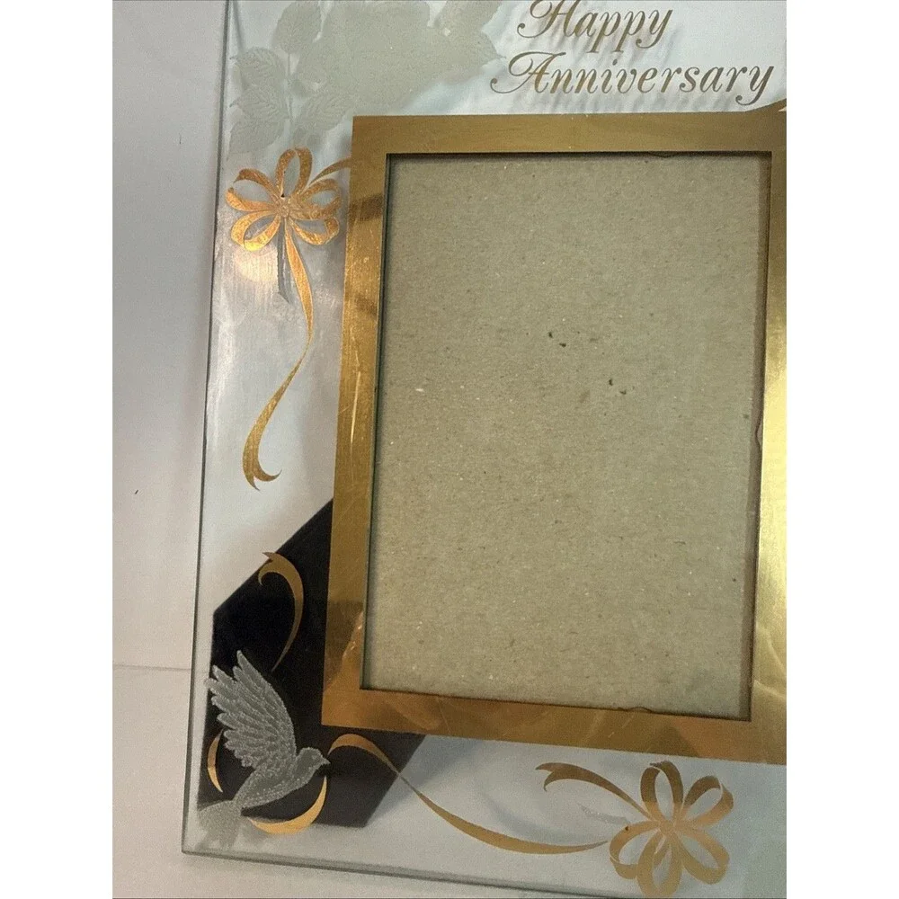 Vintage Glass Happy Anniversary Picture Frame Gold Trim Doves Roses Tabletop 5x7